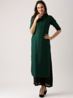 Libas Hunter Green Patterned Viscose Pathani Kurta With Shirt Collar - Image 6