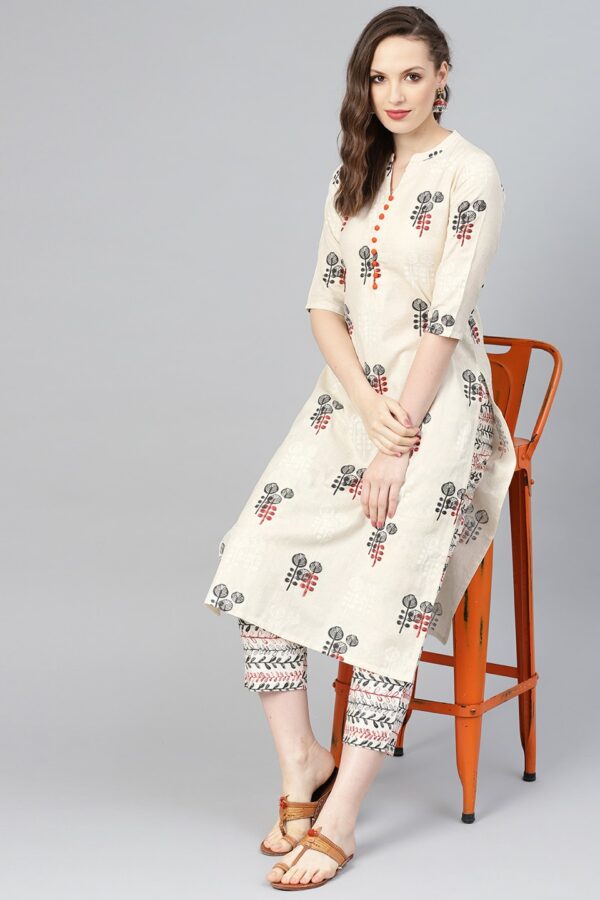 Libas Women Beige Ethnic Print Straight Kurta Set With Side Pockets