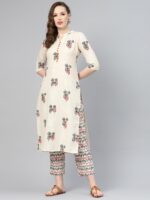 Libas Women Beige Ethnic Print Straight Kurta Set With Side Pockets - Image 4