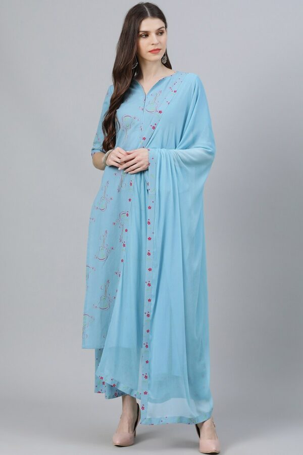 Libas Women Blue Printed Kurta with Palazzos & Dupatta