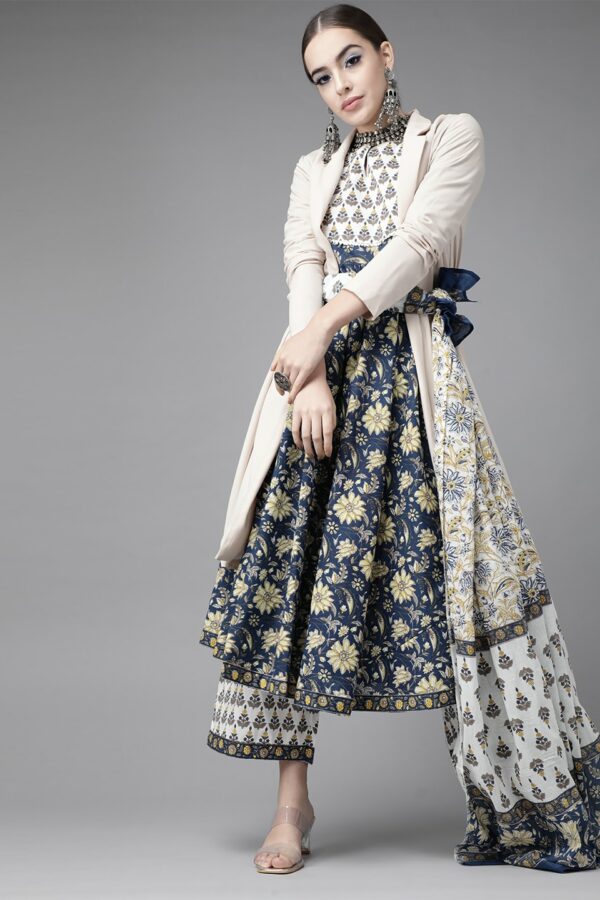 Libas Women Navy Blue Pure Cotton Floral Print Kurta with Palazzos & Dupatta