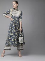 Libas Women Navy Blue Pure Cotton Floral Print Kurta with Palazzos & Dupatta - Image 2