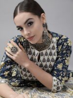 Libas Women Navy Blue Pure Cotton Floral Print Kurta with Palazzos & Dupatta - Image 3