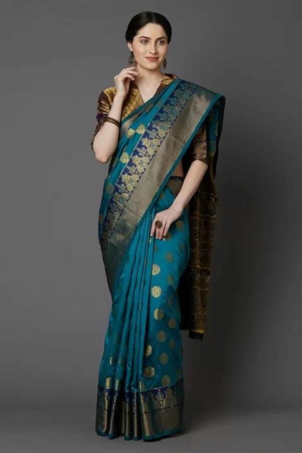 Mitera Teal Blue & Gold-Toned Silk Blend Woven Design Banarasi Saree