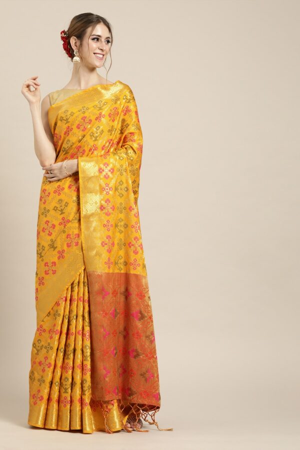 Mitera Yellow Silk Blend Woven Design Kanjeevaram Saree
