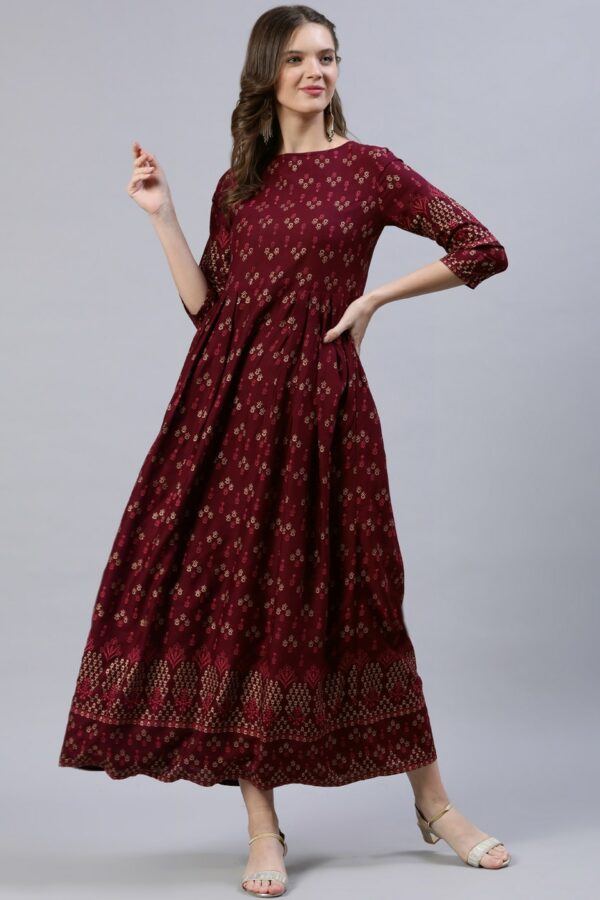 Nayo Burgundy Ethnic Motifs Maxi Dress