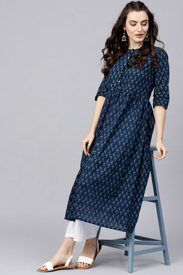 Nayo Navy Blue Floral Cotton A-Line Kurta With Gathered Waist & Palazzos