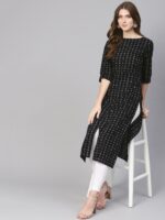 Nayo Women Black & White Floral Printed Straight Kurta