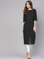 Nayo Women Black & White Floral Printed Straight Kurta - Image 3