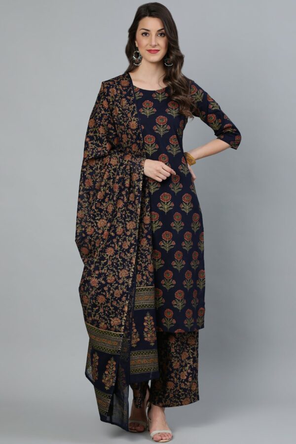 Nayo Women Blue Floral Pure Cotton Kurta with Trousers & With Dupatta
