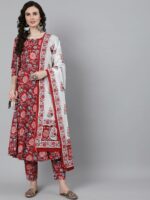 Nayo Women Red Floral Printed Kurta With Trouser & Dupatta - Image 7