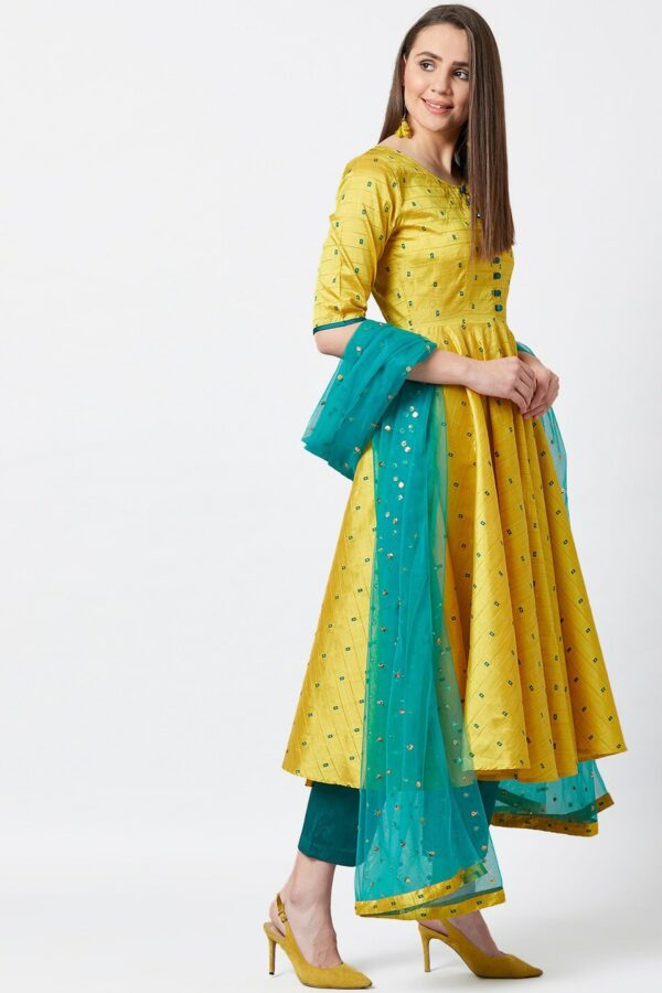 PANIT Women Yellow Pleated Thread Work Kurta with Palazzos & With Dupatta