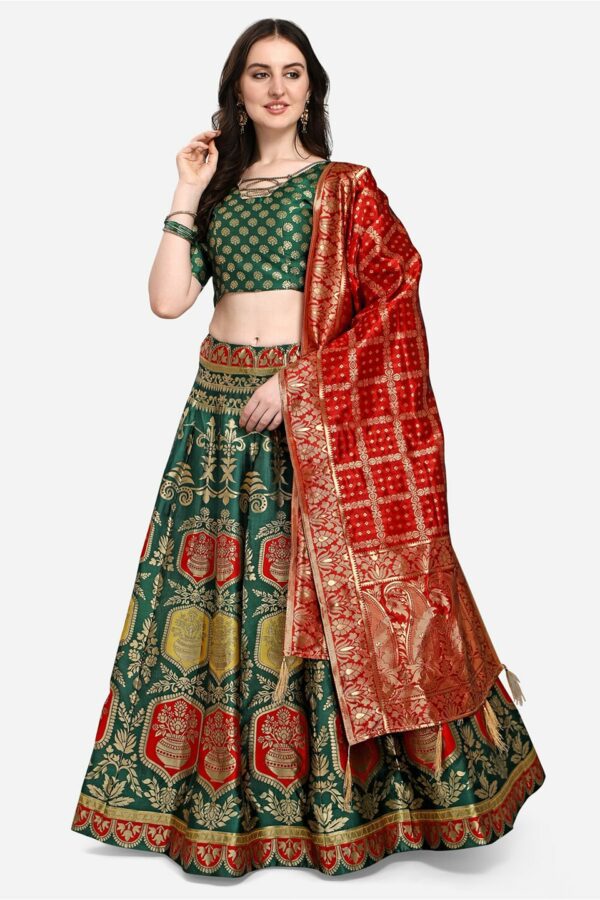PURVAJA Green & Maroon Ready to Wear Lehenga & Unstitched Blouse With Dupatta