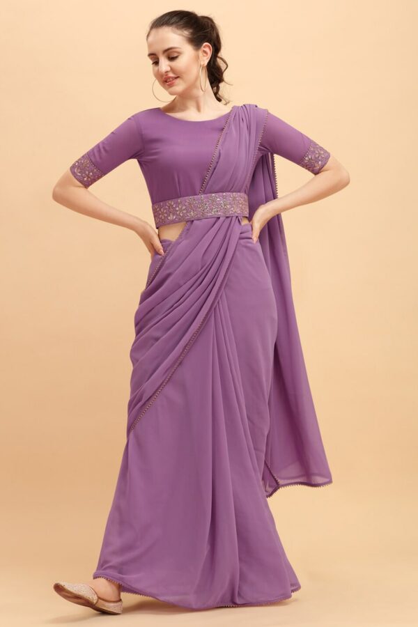 Sangria Women Purple Solid Georgette Saree with Embellished Belt
