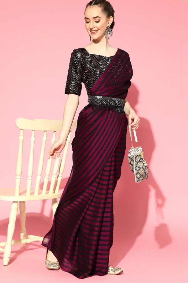 Saree mall Burgundy Striped Poly Georgette Party Wear Saree with Matching Blouse