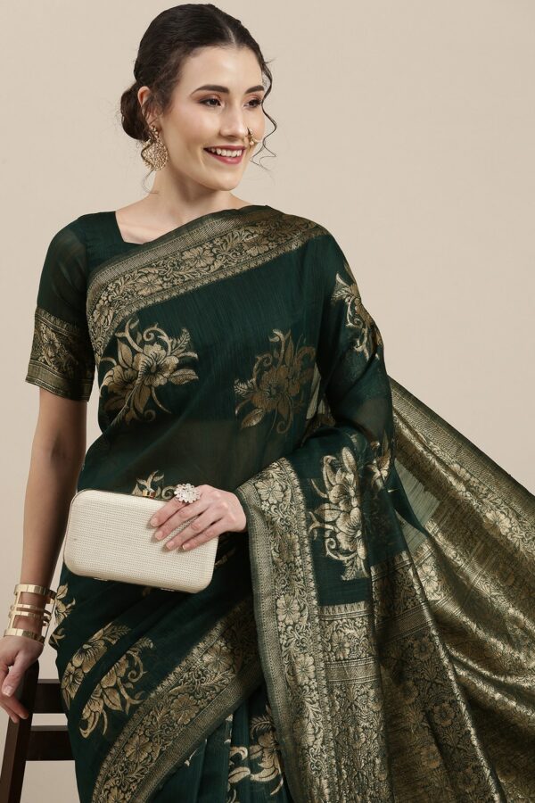 Saree mall Green Floral Linen Blend Banarasi Saree