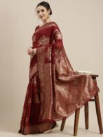 Saree mall Maroon Floral Linen Blend Banarasi Saree - Image 2