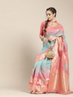 Saree mall Pink & Blue Floral Dyed Banarasi Sarees - Image 2