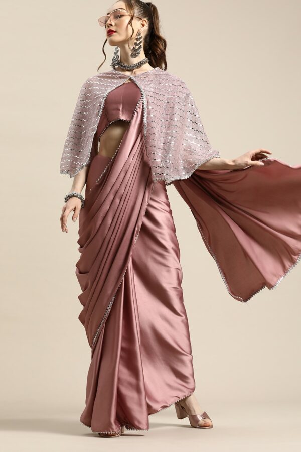 Tikhi Imli Trendy Mauve Sleek Poly Crepe Saree with Embellished Border & Cape