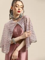 Tikhi Imli Trendy Mauve Sleek Poly Crepe Saree with Embellished Border & Cape - Image 3