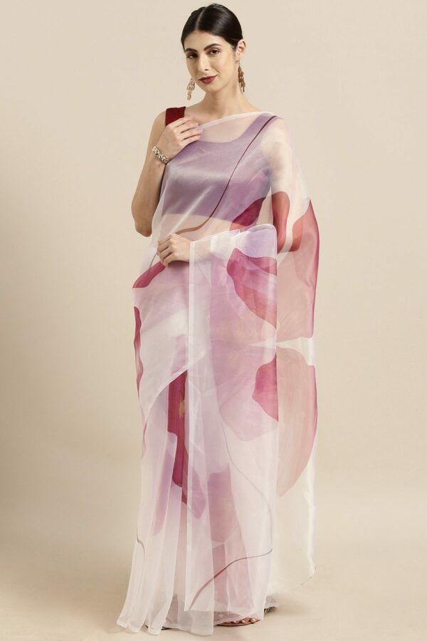 Tikhi Imli White & Pink Organza Printed Saree