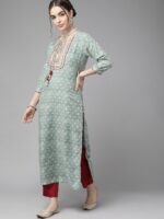 Varanga Calm Blue and Beige Ethnic Motifs Print Kurta - Image 3