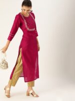 Varanga Women Magenta & White Embellished Straight Kurta