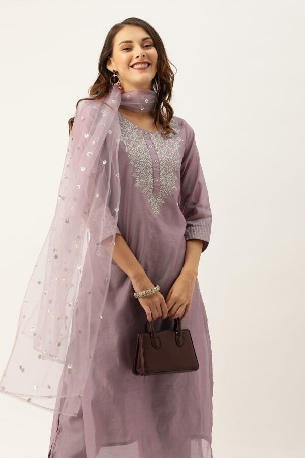 Varanga Women Mauve Zari Yoke Design Chanderi Silk Kurta with Trousers & Dupatta