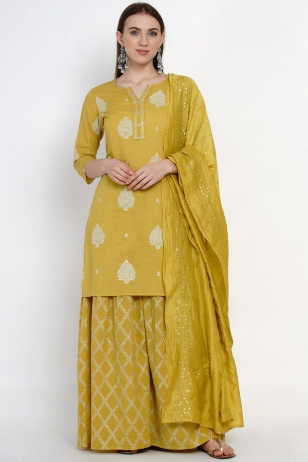 Yuris Women Yellow & White Printed Kurta with Sharara & Dupatta