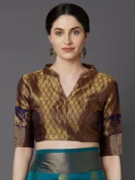 Mitera Teal Blue & Gold-Toned Silk Blend Woven Design Banarasi Saree - Image 3