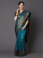Mitera Teal Blue & Gold-Toned Silk Blend Woven Design Banarasi Saree - Image 2