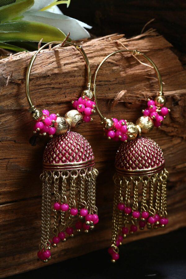 ANIKAS CREATION Pink & Gold-Plated Enamelled Dome Shaped Jhumkas