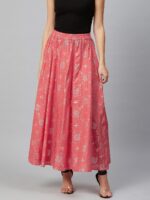 AURELIA Women Coral Pink & Silver Printed Flared Maxi Skirt