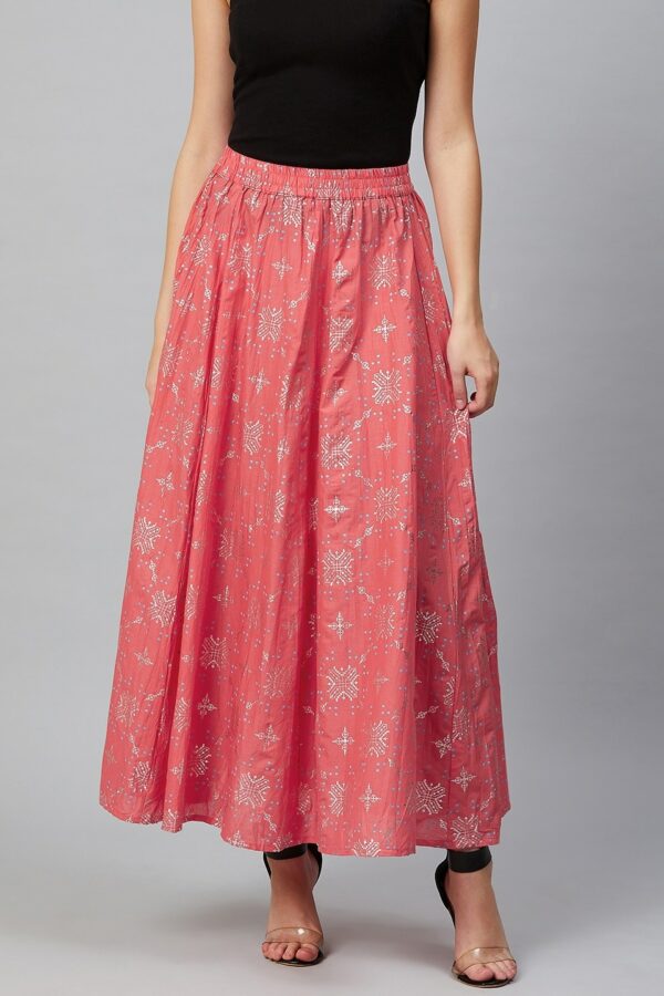 AURELIA Women Coral Pink & Silver Printed Flared Maxi Skirt