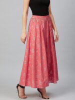 AURELIA Women Coral Pink & Silver Printed Flared Maxi Skirt - Image 2