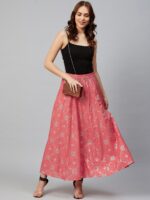 AURELIA Women Coral Pink & Silver Printed Flared Maxi Skirt - Image 4