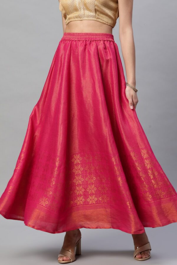 AURELIA Women Pink & Golden Striped Maxi Flared Skirt