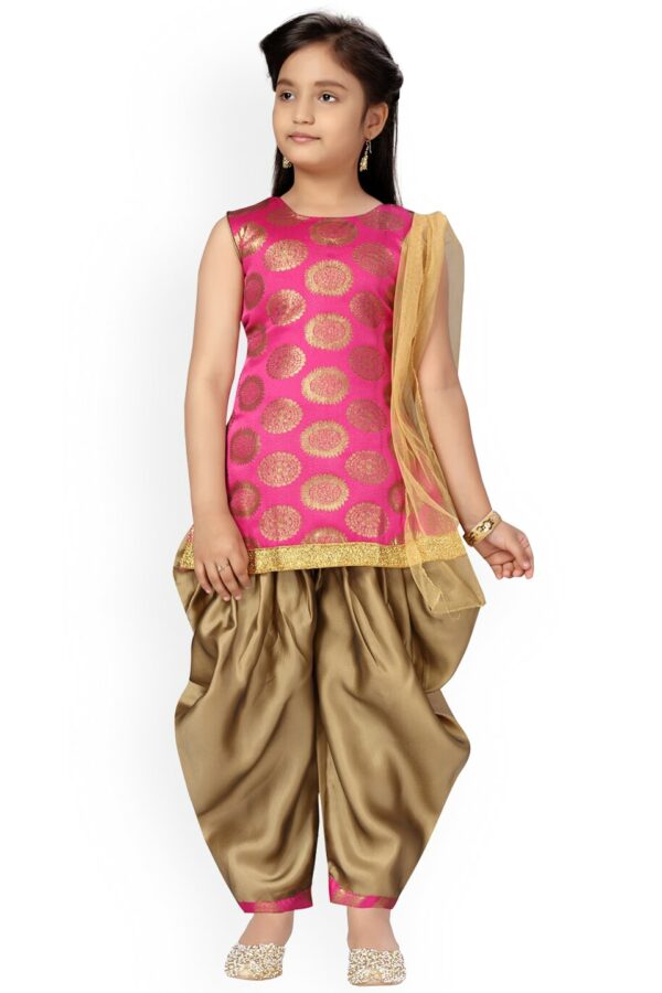 Aarika Girls Pink Ethnic Motifs Pure Silk Kurta with Patiala With Dupatta