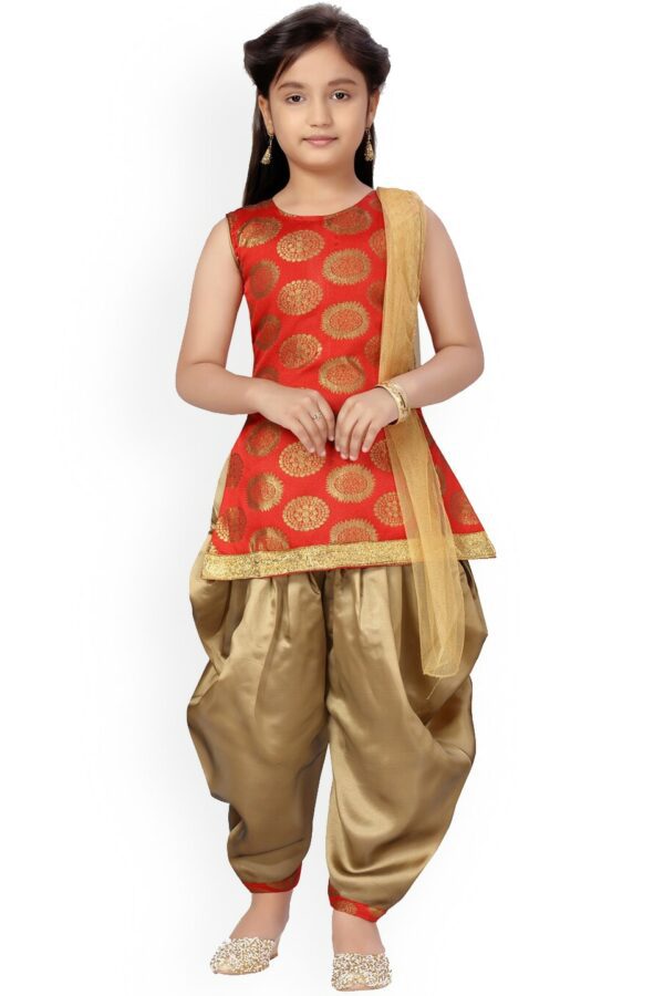 Aarika Girls Red Ethnic Motifs Printed Pure Silk Kurti with Patiala & Dupatta