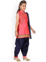 Aarika Girls Red & Navy Blue Embroidered Kurta with Patiala & Dupatta - Image 3
