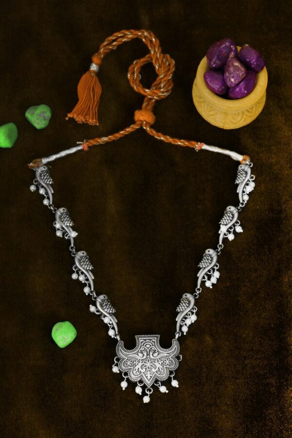 Adwitiya Collection Silver-Plated Oxidised Peacock Design Necklace