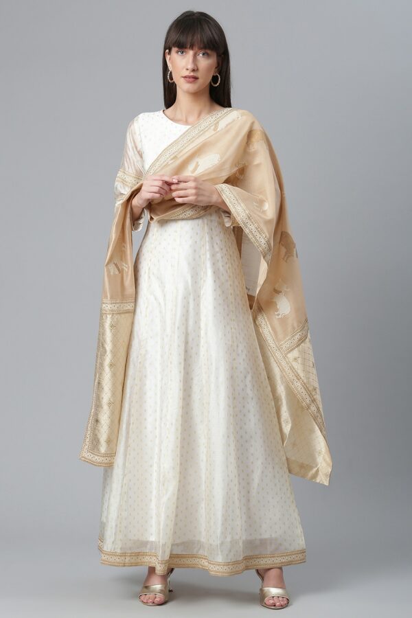 Ahalyaa Women Cream-Coloured & Golden Printed Anarkali Kurta with Dupatta