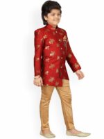 Aj DEZInES Boys Red & Gold-Coloured Sherwani Set - Image 3
