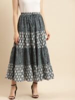 Anayna Women Blue And White Printed Cotton Tiered Long Skirt - Image 2