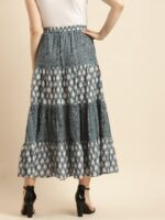 Anayna Women Blue And White Printed Cotton Tiered Long Skirt - Image 4