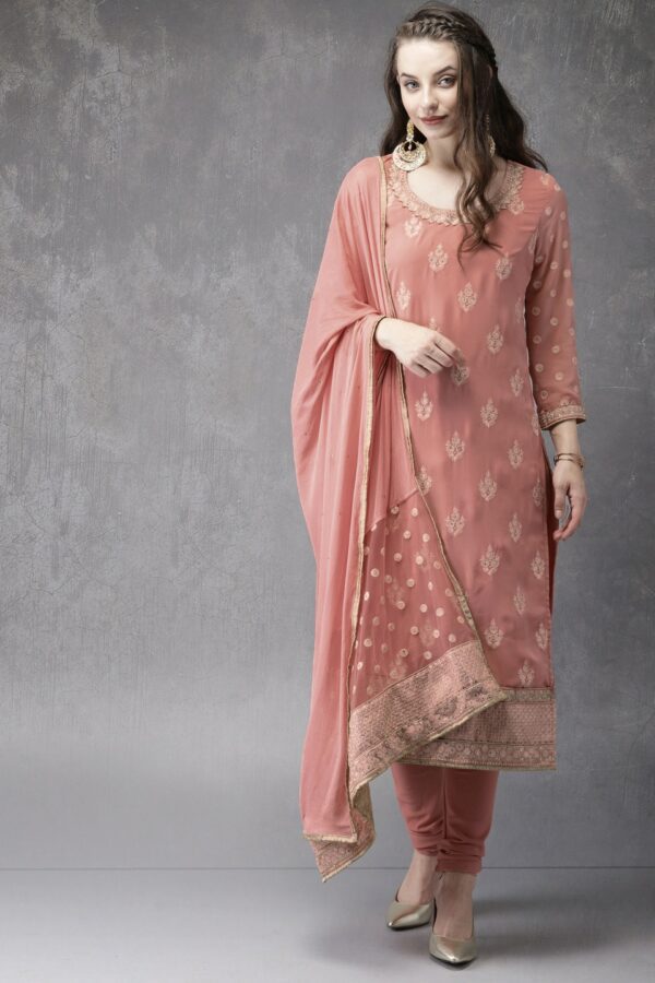 Anouk Women Peach-Coloured Embroidered Kurta with Churidar & Dupatta