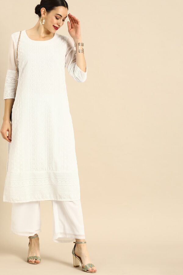 Anouk Women White Chikankari Embroidered Kurta with Palazzos