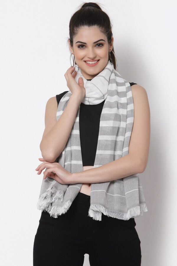 Arrabi Women Grey & White Striped Cotton Stole