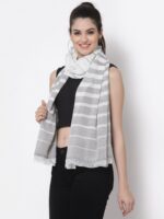 Arrabi Women Grey & White Striped Cotton Stole - Image 3