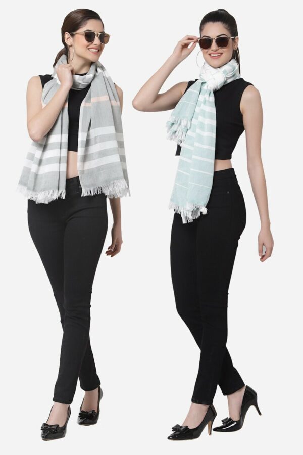 Arrabi Women Pack Of 2 Blue & Grey Striped Stole